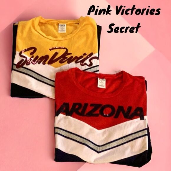 PINK VICTORIAS SECRET T SHIRTS  SET OF 2 ARIZONA SUN DEVIL SEQUENCE EMBELLISHED - Picture 1 of 9